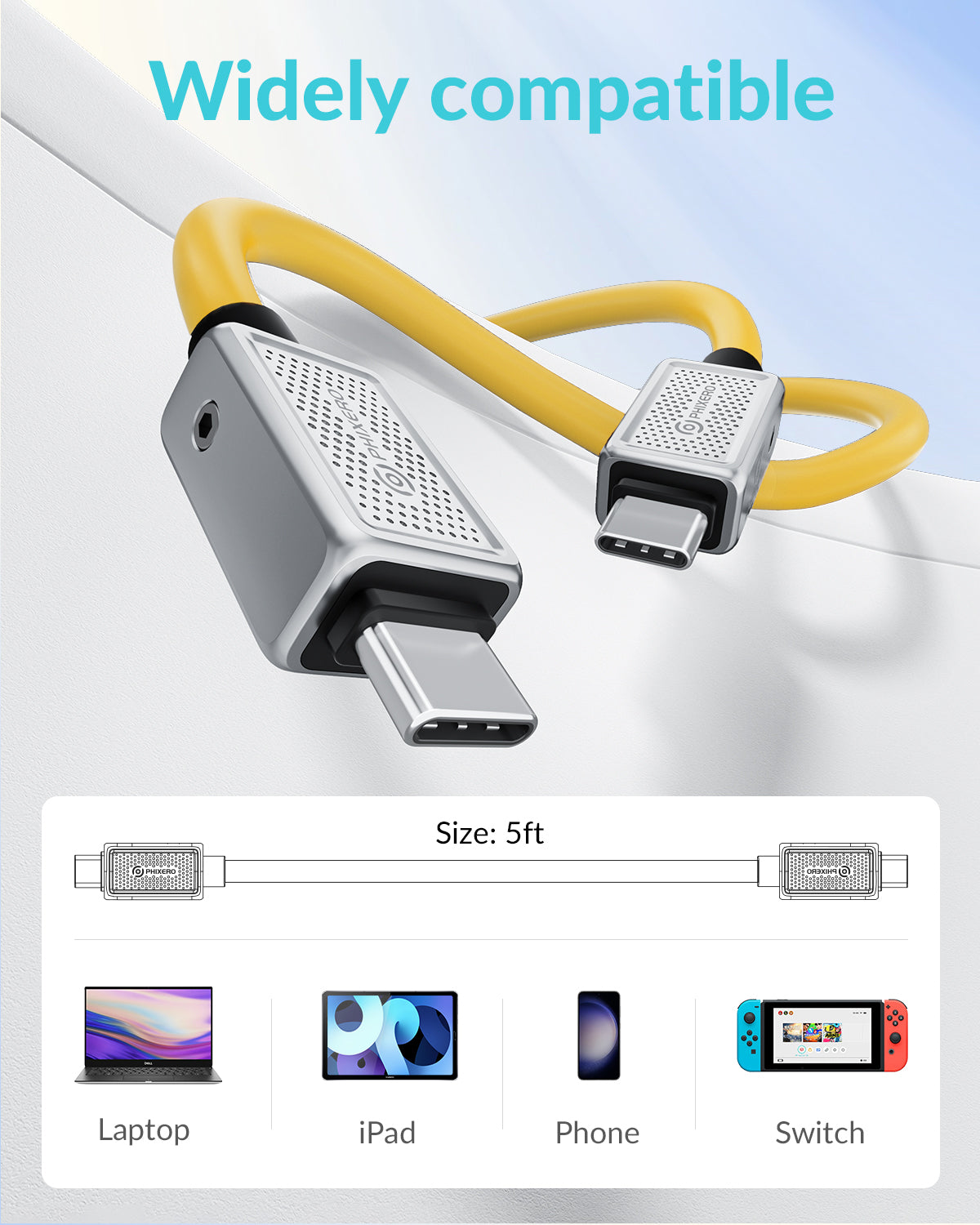 PHIXERO USB 4 Cable 5 ft, Supports 8K/60HZ HD Display, 40 Gbps Data Transfer, 240W C to C Type Fast Charging Cable, for Laptop, Hub, Docking, and More(Yellow)