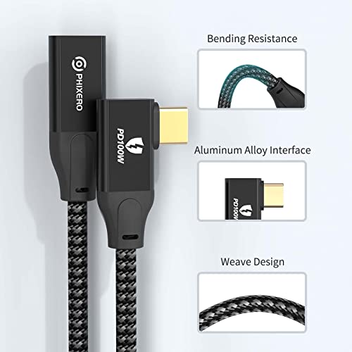 PHIXERO[20Gbps, 100W] Right Angle USB C Extension Cable with 4K@60HZ Video Output